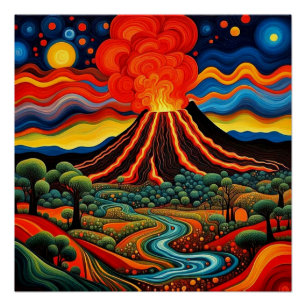 Erupting volcano at night 6 poster