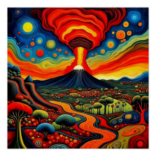 Erupting volcano at night 9 poster