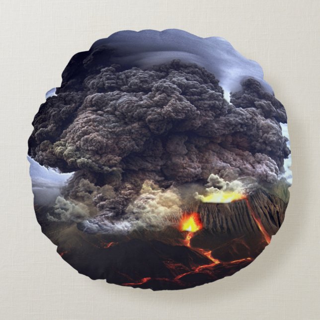Erupting Volcano on Mountain Round Pillow (Front)