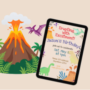 Erupting with Excitement Dinosaur Volcano Birthday Invitation