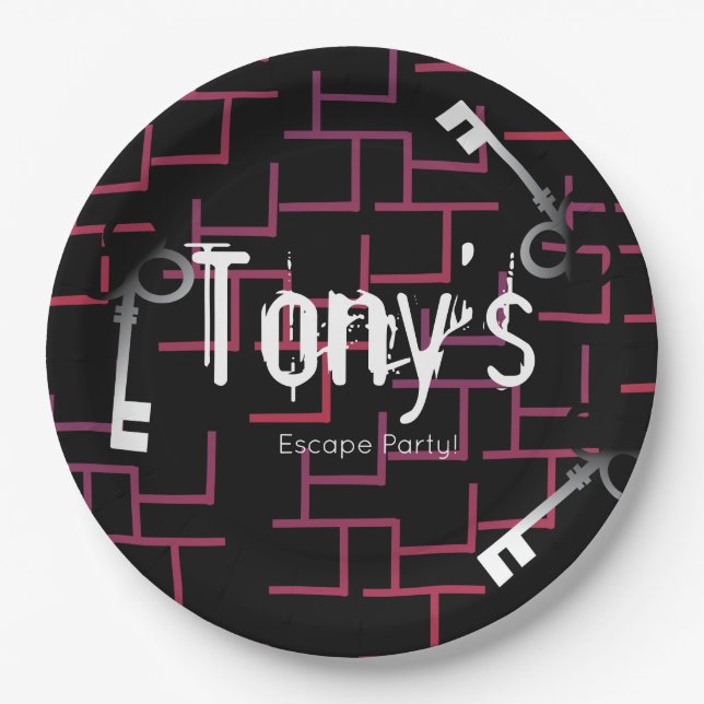 Escape Party Birthday Maze and Keys Gradient Paper Plate (Front)