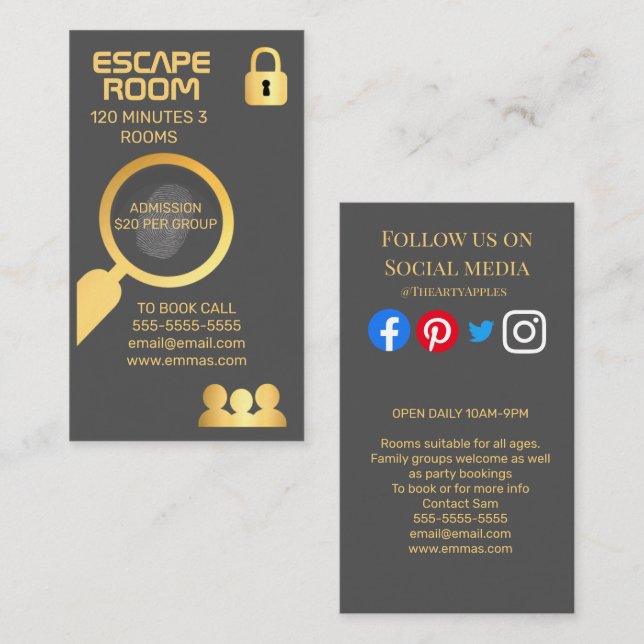 escape room escapology magic clues detective business card (Front/Back)