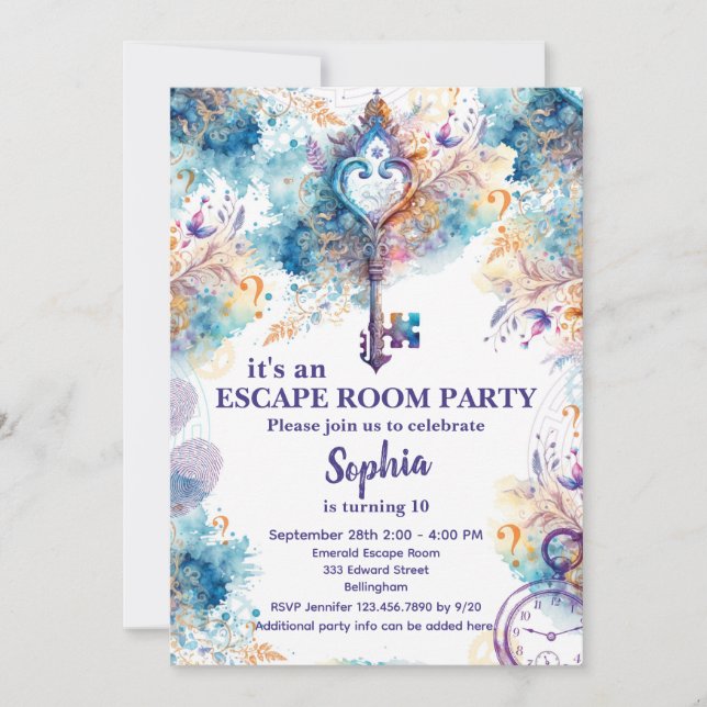 Escape Room Girl Purple and Blue Invitation (Front)