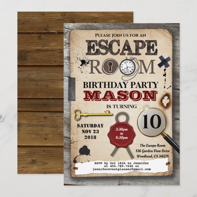 Escape room mystery solving challenge birthday invitation (Front/Back)