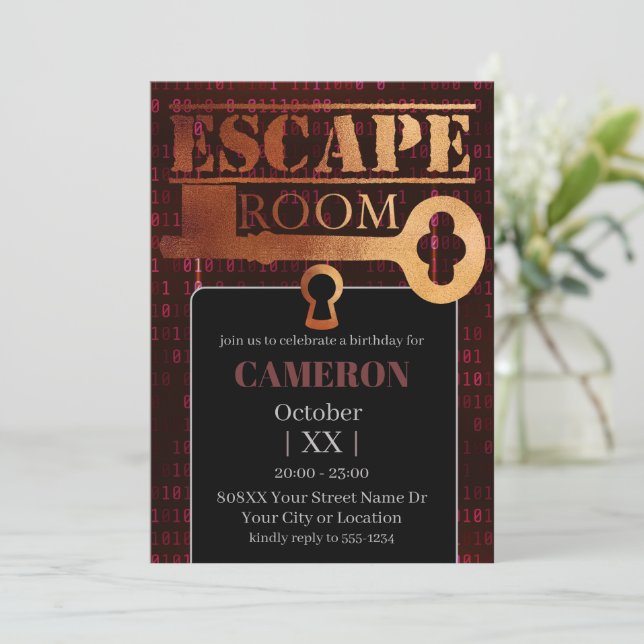 Escape Room Party Lock and Key Red Binary Code Invitation (Standing Front)