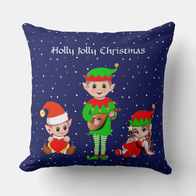 Escouade d'elfes de Noël moderne sur oreiller bleu (Recto)