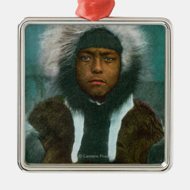 Eskimo Boy named "Menadelook" Metal Ornament (Front)