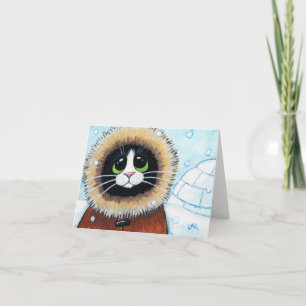 Eskimo Cat and Igloo   Animal Art Note Card