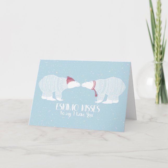Eskimo Kiss Scandinavian Polar Bear Winter Snow Holiday Card (Front)