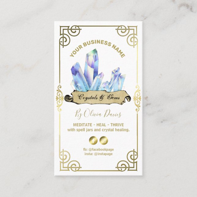 Esoteric Crystal White Blue And Gold Business Card (Front)