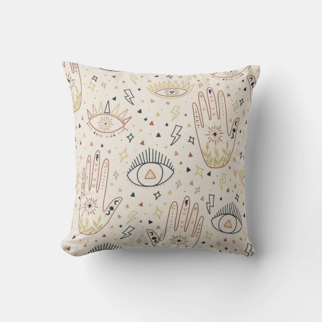 Esoteric Hands Eyes Tan Boho Pattern Stars symbols Throw Pillow (Front)