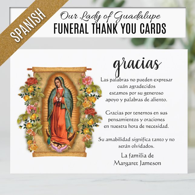 Espagne Mary Guadalupe Merci Condolence (Funeral Thank You cards with  Spanish Catholic image of Our Lady of Guadalupe with roses)