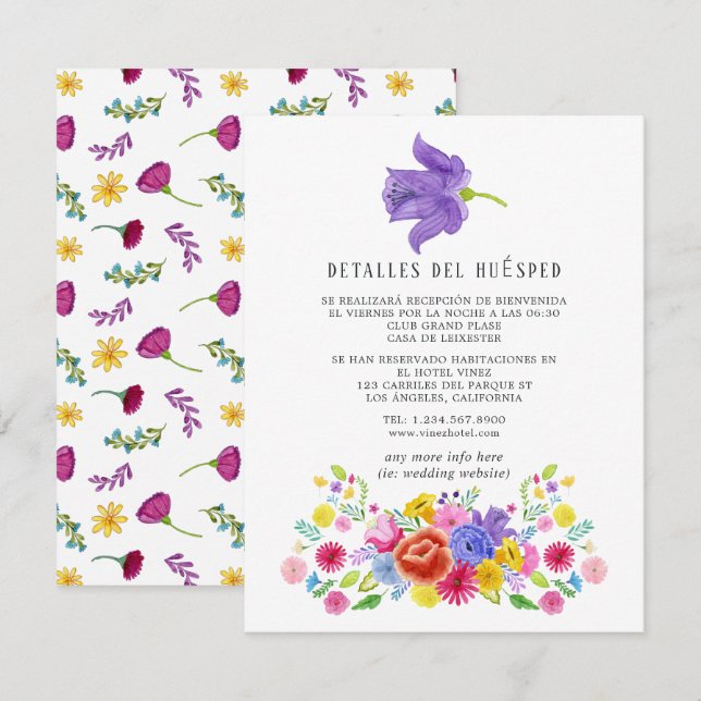 Espagnol Floral Fiesta Détails de l'invité Carte d (Devant / Derrière)