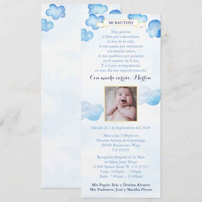 Espagnol garçon Bautizo Invitations de baptême ave (Devant / Derrière)