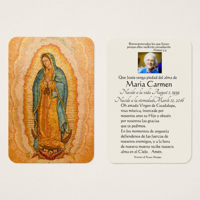 Espagnol Guadalupe Marie Prière funéraire Carte Sa (Devant & derrière)