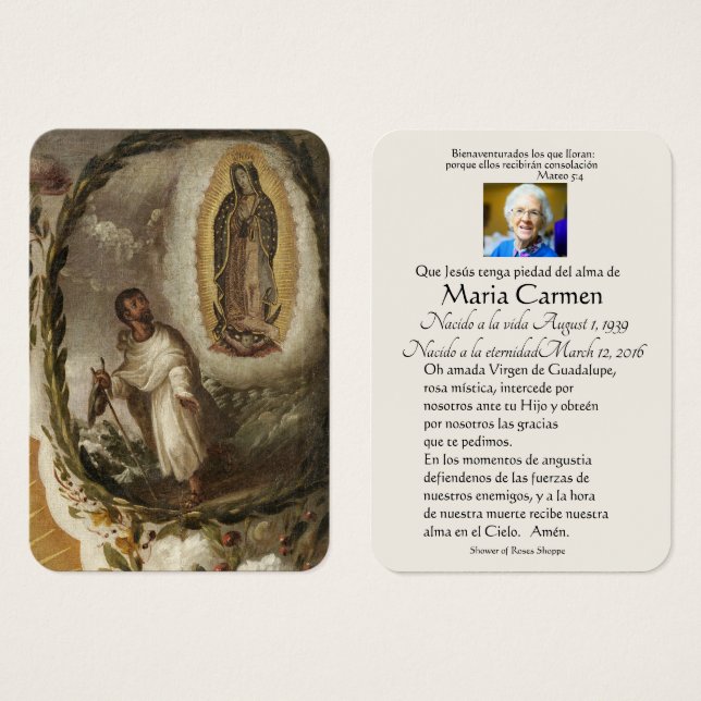 Espagnol Guadalupe Marie Prière funéraire Carte Sa (Devant & derrière)