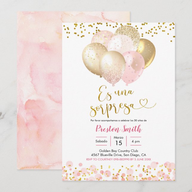 Espagnol Pink Blush Balloon Sorpresa Invitation (Devant / Derrière)