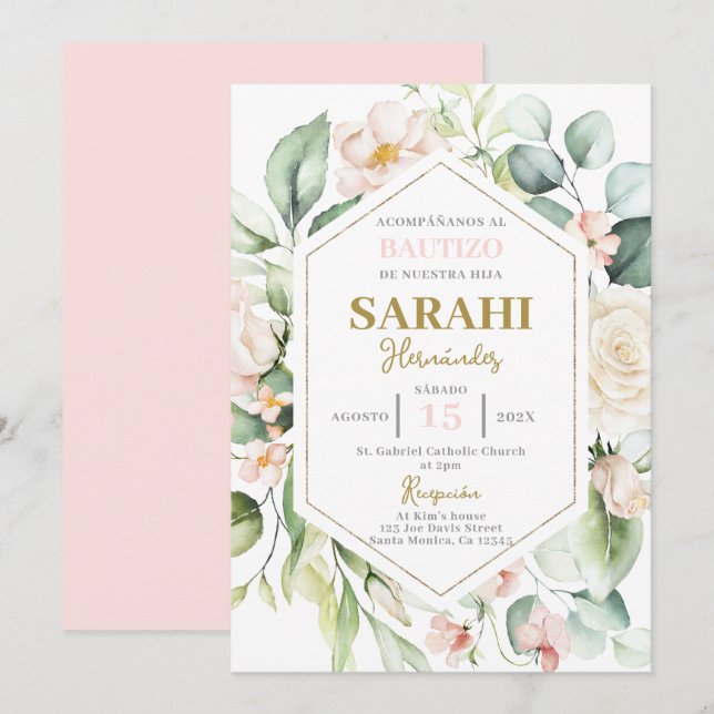 Espagnol rose floral Baptême fille invitation (Devant / Derrière)