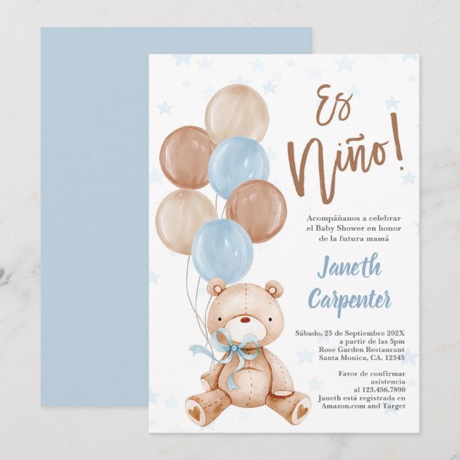 Espagnol Teddy Bear Baby shower garçon Invitation (Devant / Derrière)