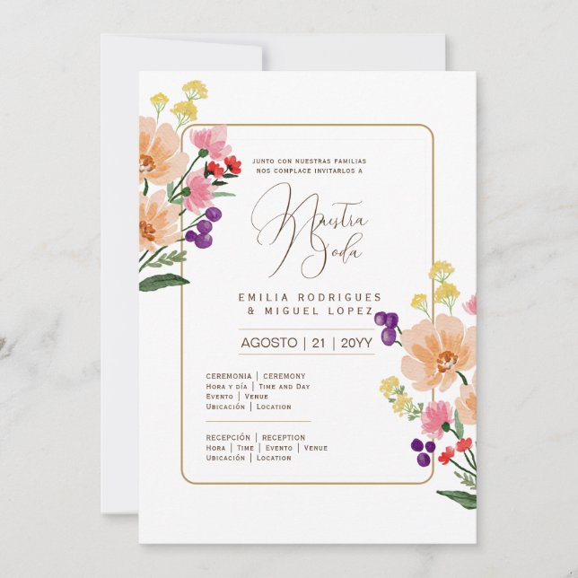 Espanol Invitación de Boda Summer Floral Wedding Invitation (Front)