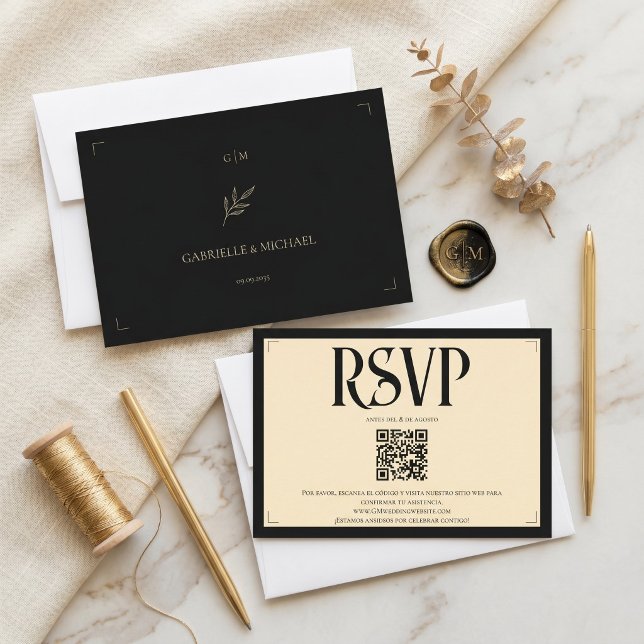Espanol  Monogram Art Deco Ivory Wedding QR code RSVP Card (Creator Uploaded)