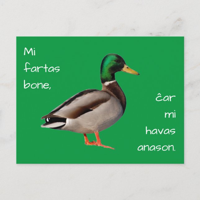 Esperanto: Mi fartas bone, ĉar mi havas anason. Postcard (Front)