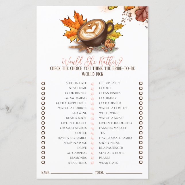 Espresso Bridal Shower Game Would She Rather (Front)