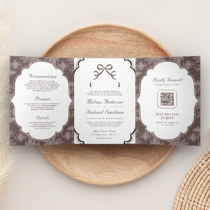 Espresso Brown Lace Coquette Bow QR Code Wedding Tri-Fold Invitation