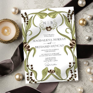 Espresso Brown Vintage Art Nouveau Floral Wedding Invitation