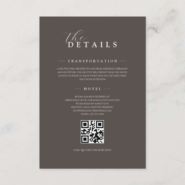 Espresso Classic Minimalist Wedding QR Details Enclosure Card (Front)