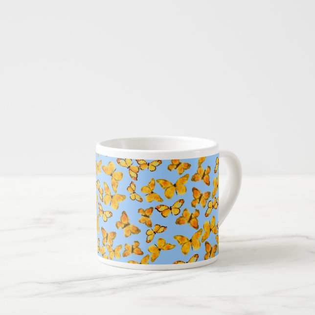Espresso Coffee Mug, Golden Butterflies on Blue Espresso Cup (Front Right)