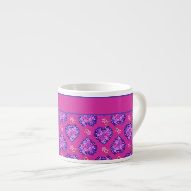 Espresso Coffee Mug, Hearts, Flowers, Magenta Espresso Cup (Front Right)