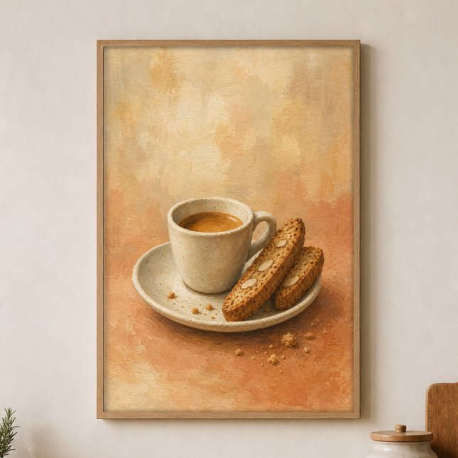 Espresso Cup and Biscotti Watercolour Poster (Shown framed for scale. Poster ships unframed; frames are an optional add-on.)