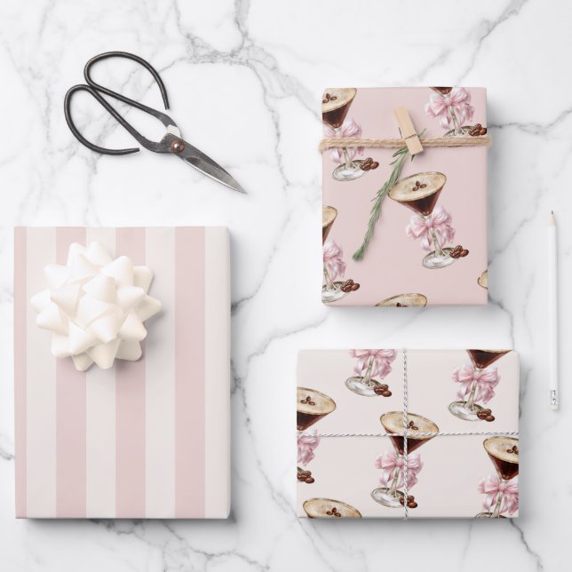 Espresso Martini Pink Bow Feminine Wrapping Paper Sheet (Front)