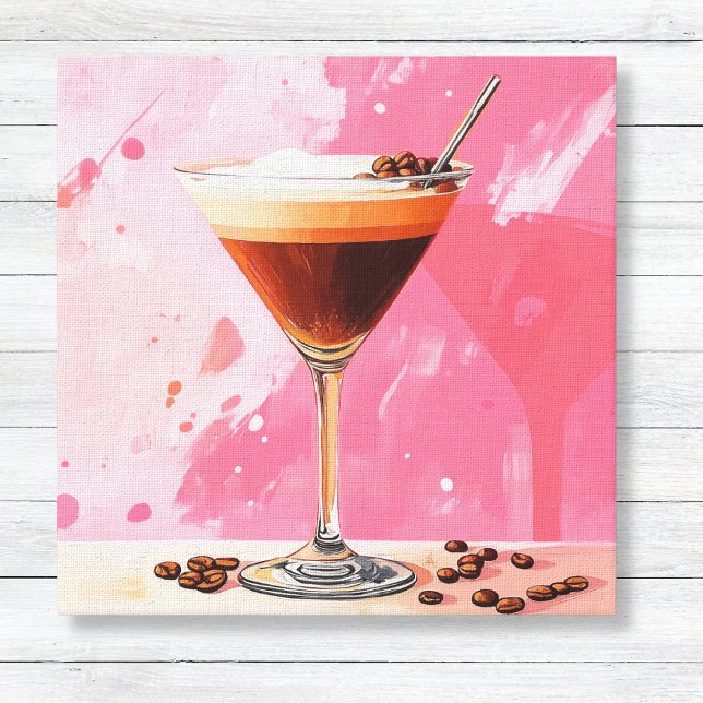 Espresso Martini with Coffee Beans Canvas Print (Espresso Martini and Coffee Beans Kitchen or Home Bar Wall Art - Vibrant Pink Paint)