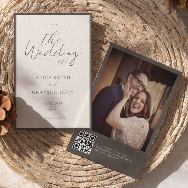 Espresso Photo Back QR Classic Minimalist Wedding  Invitation (Creator Uploaded)