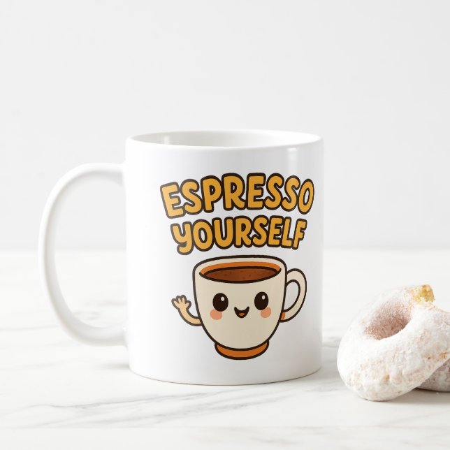 Espresso Yourself | Cute & Funny Coffee Pun Design Coffee Mug (With Donut)