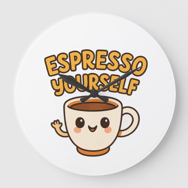 Espresso Yourself | Cute & Funny Coffee Pun Design Large Clock (Front)