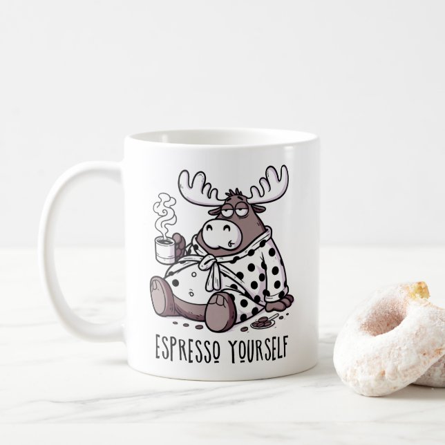 Espresso Yourself Funny Sleepy Moose Coffee Lover  Mug (With Donut)