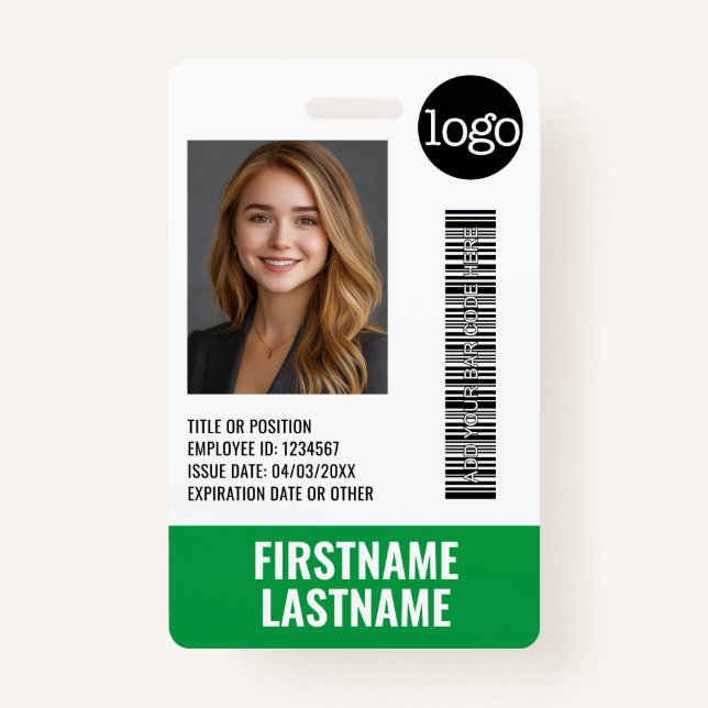 Essential Employee ID Photo, Bar Code, Logo, Title Badge (Front)