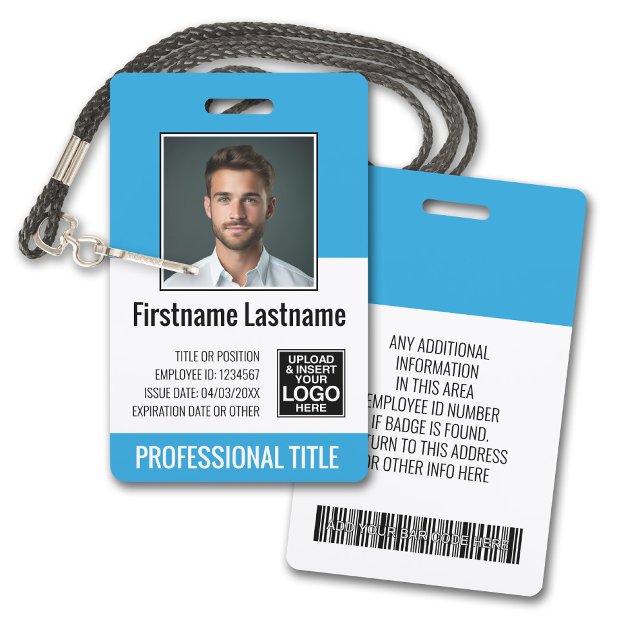 Essential Employee - Photo, Bar Code, Logo, Aqua Badge (Plastic ID Badge - Customize with Employee Photo and Credentials. Aqua Accents)