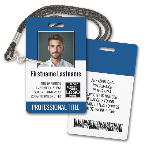 Essential Employee - Photo, Bar Code, Logo, Blue Badge (Plastic ID Badge - Customize with Employee Photo and Credentials. Blue Accents)