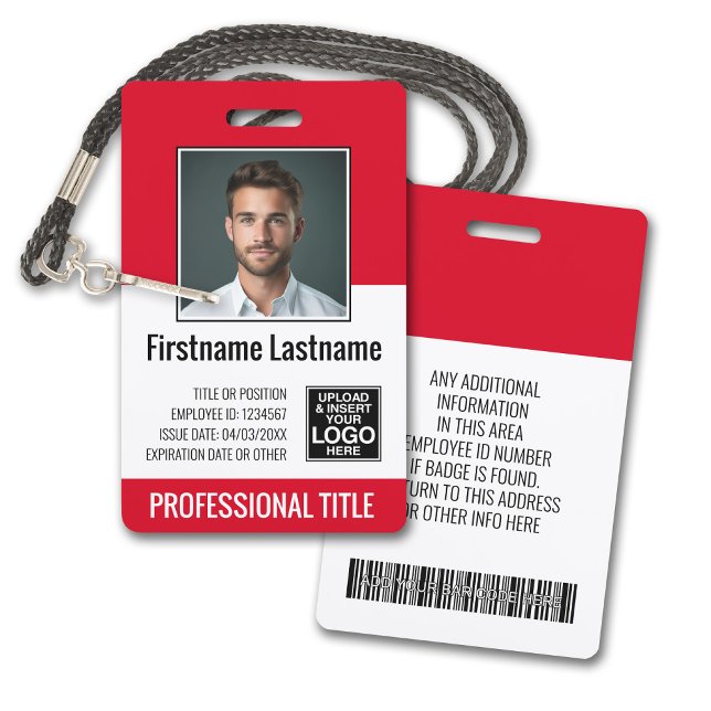 Essential Employee - Photo, Bar Code, Logo, Red Badge (Plastic ID Badge - Customize with Employee Photo and Credentials. Red Accents)
