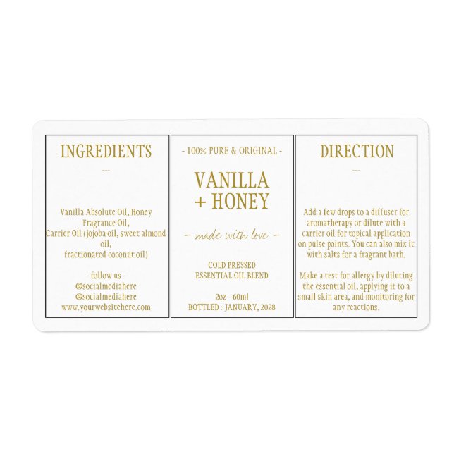 Essential Oil Cosmétique Vanille Honey Ingrédients (Devant)