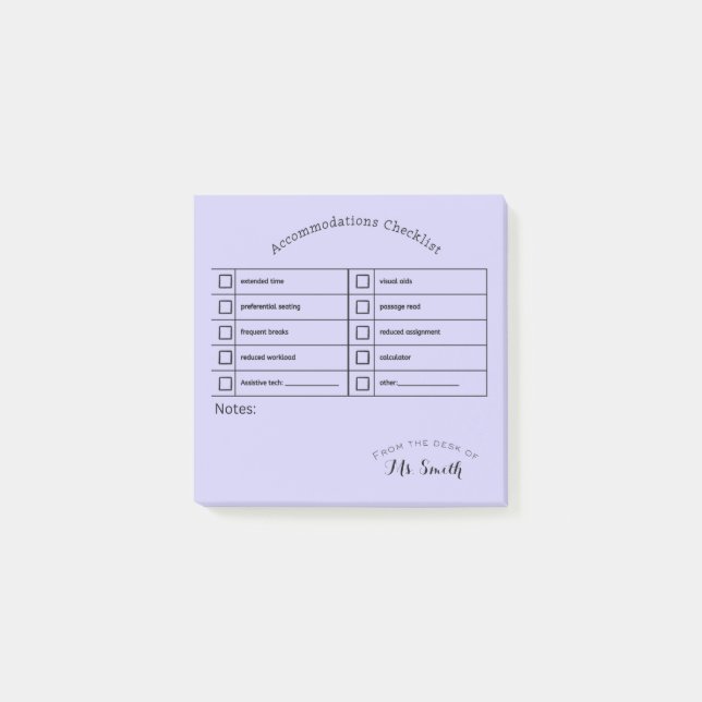 Essential SpEd Tool: Accommodations Checklist  Post-it Notes (Front)