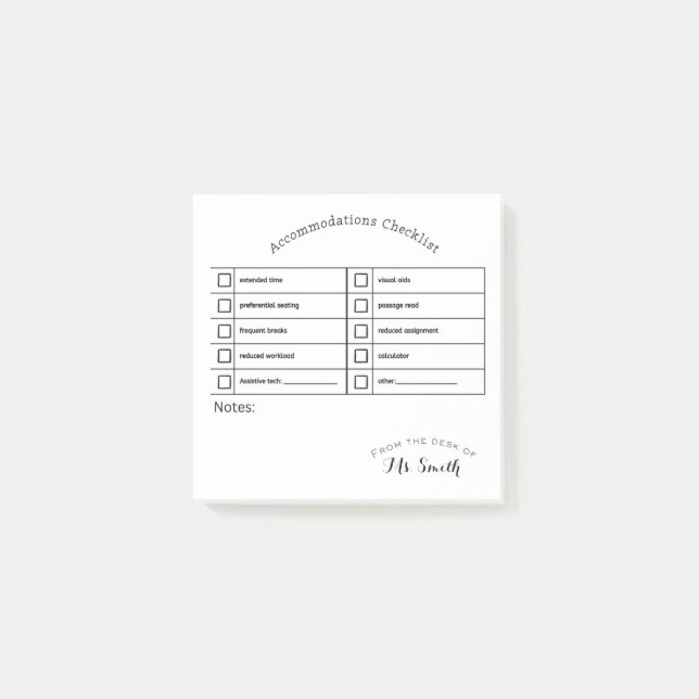 Essential SpEd Tool: Accommodations Checklist  Post-it Notes (Front)