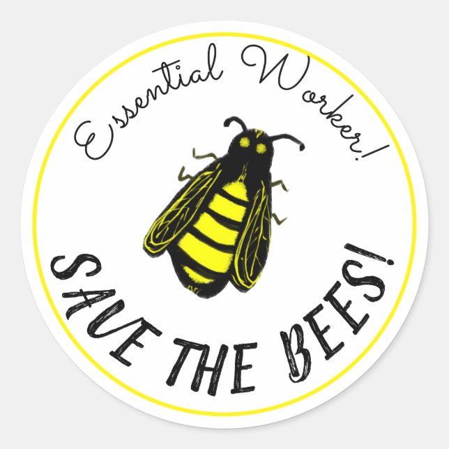 Essential Worker Save the Bees Cute Bee Art Classic Round Sticker (Front)