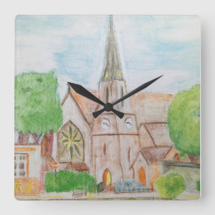Essex Church Water Colour Pencil Square Wall Clock