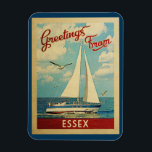 Essex Sailboat Vintage Travel Connecticut Magnet<br><div class="desc">This Greetings From Essex Connecticut vintage travel nautical design features a boat sailing on the water with seagulls and a blue sky filled with gorgeous puffy white clouds.</div>
