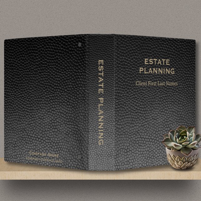 Estate Planning Company Client Name Black Leather  Binder (Estate Planning Binder in Black Faux Leather with Gold Lettering, custom company and client names.)